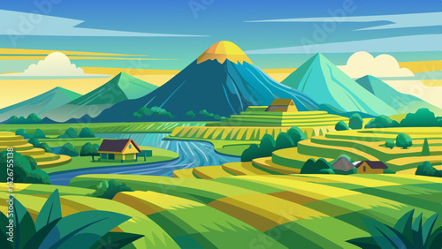 Serene Rural Landscape with Volcanic Mountain, Rice Paddies, and Traditional Village Scene