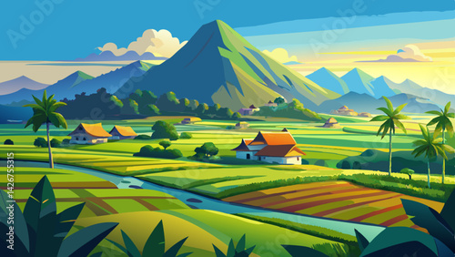 Serene Rural Landscape with Volcanic Mountain, Rice Paddies, and Traditional Village Scene