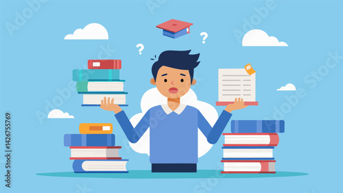 A cartoon of a stressedout student juggling various stacks of books with different loan amounts written on them looking overwhelmed while a. Vector illustration