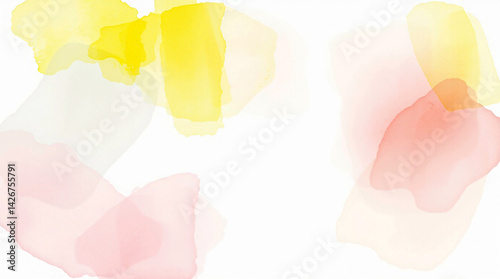 Abstract color wash background. Simple shapes in yellow and pink. Gentle fluid motion. Design element on white. Visual texture. Soft color palette. Light and airy feel.
