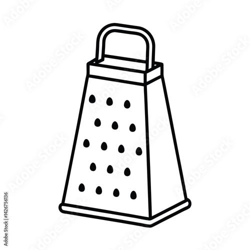 Simple black and white line art illustration of a kitchen grater on white backdrop
