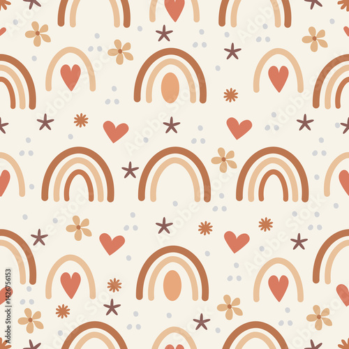 Boho Rainbow Seamless Pattern with Hearts, Flowers and Stars – Cute Nursery Digital Background