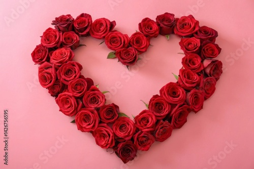 Heart Shape Made of Red Roses on Solid Pink Background