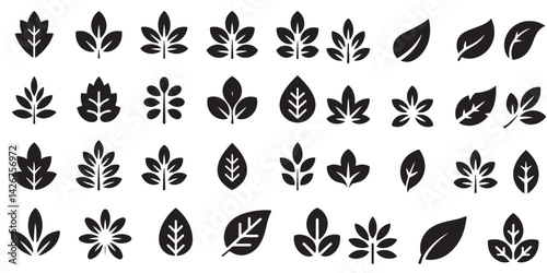 set of black vector simple leaf line icons outlines silhouettes