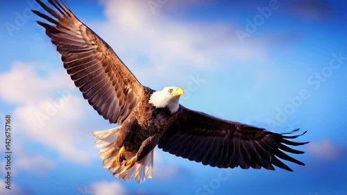 Powerful bird of prey in flight, wings spread wide, Majestic bald eagle soaring through the sky, Perfect for wildlife, a bald eagle against a blue sky with white clouds