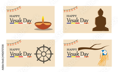 Happy Vesak Day Greeting Cards with Buddhist Symbols and Traditional Decorations