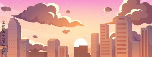 Sunset or sunrise over city, silhouettes of buildings and skyscrapers in the light of sun vector cityscape Anime style