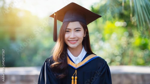 a young woman smiling brightly, wearing a traditional graduation cap, educational materials, announcements, or promotional content related to graduation or academic success