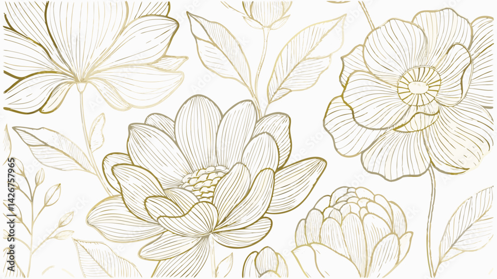 Obraz premium vector gold line flowers illustration nature blos (1).eps