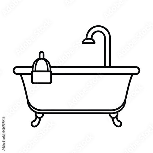 Isolated bathtub illustration with water tap and towel outline vector design