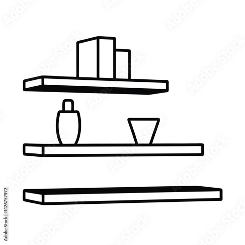 Shelves with decorative objects minimal line drawing vector illustration furnishing wall design