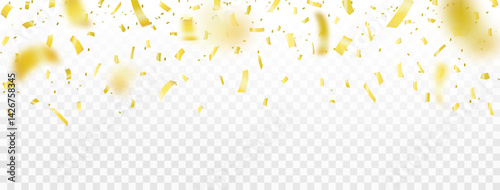 Falling shiny golden confetti isolated on transparent background. Bright festive tinsel of gold color. Elegant gold confetti for Celebrations and Special Events. Birthday, Holiday, New Year, Confetti