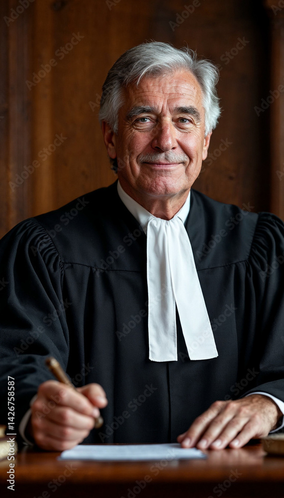 Portrait of a confident middle-aged judge in courtroom with warm lighting and firm expression.
Portrait of a confident middle-aged judge in courtroom with warm lighting and firm expression.