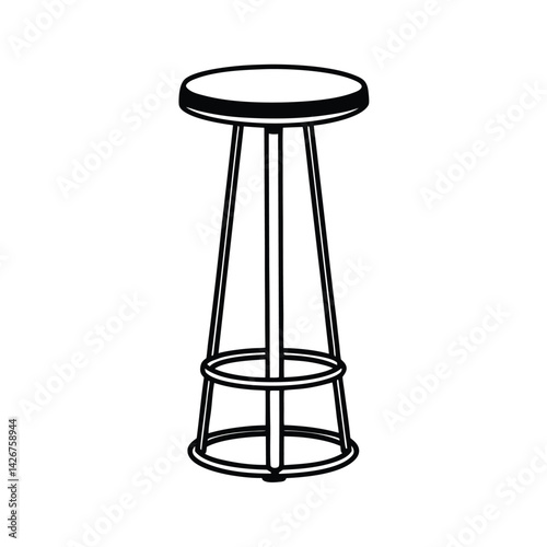 Minimalist outline of a modern bar stool with footrest in black and white