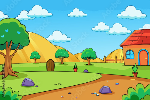 Cartoon landscape with house trees and hills on a sunny day for childrens illustration