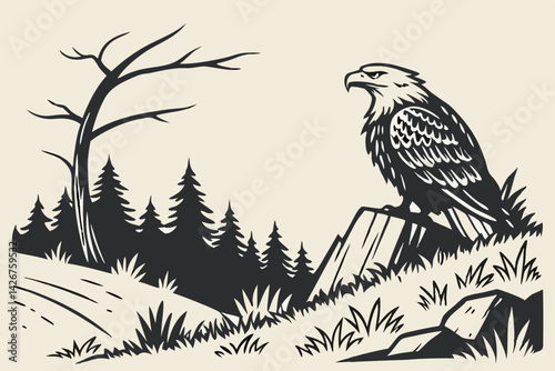 Vector illustration of bald eagle perched on rock overlooking forest scene wildlife