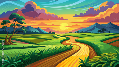 Scenic Rural Landscape at Sunset – Serene Rice Paddies, Winding Road & Golden Sky