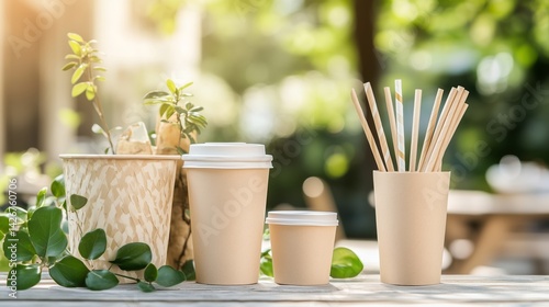 Wallpaper Mural Coffee cups and wooden stirrers arranged on a table in a sunny outdoor setting with plants in the background Torontodigital.ca
