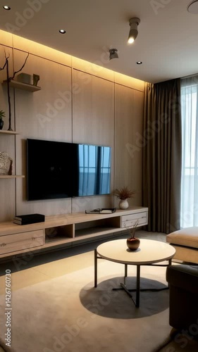 Modern living room, with beautiful sleek design and warm lighting