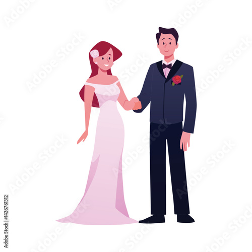 Newlywed couple, bride and groom, wedding or engagement ceremony, vector happy husband and wife full height