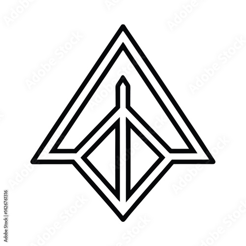 Minimalist outlined emblem featuring a geometric arrowhead design and angular shapes