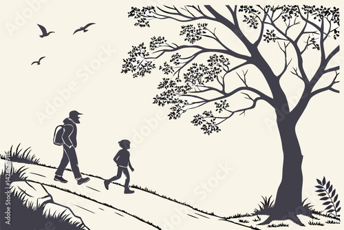 Silhouette illustration of father and son hiking under a tree with birds flying above