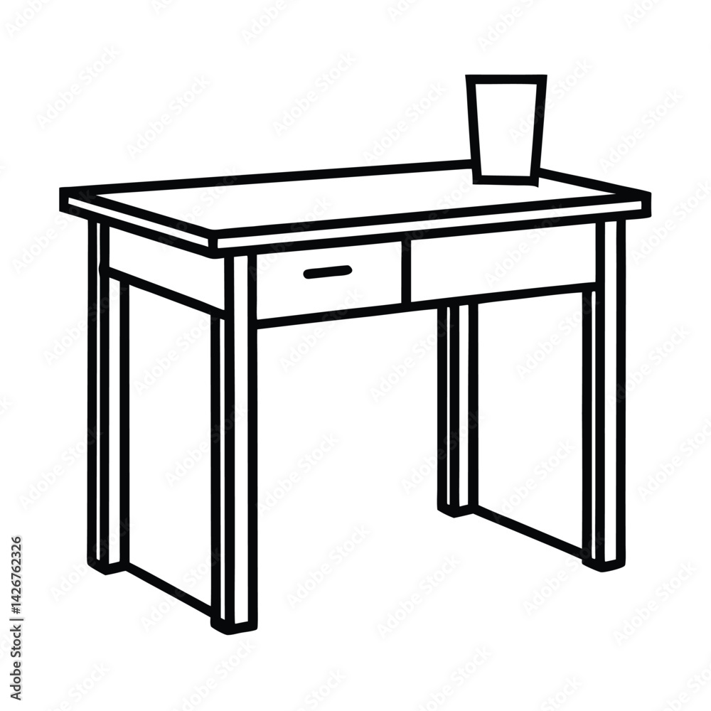 Minimalist desk with drawer and glass outline illustration for office or home decor Minimalist desk with drawer and glass outline illustration for office or home decor