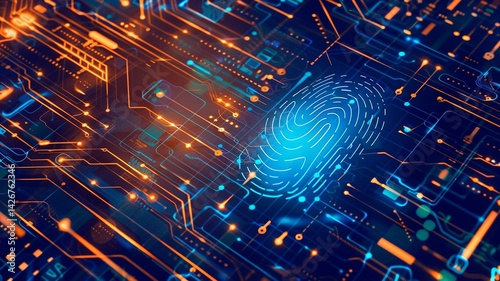 digital illustration of biometric security with orange light illuminating blue circuit board and fingerprint on top