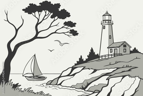 Nautical seascape with lighthouse,sailboat,and tree seaside scene minimalist monochrome