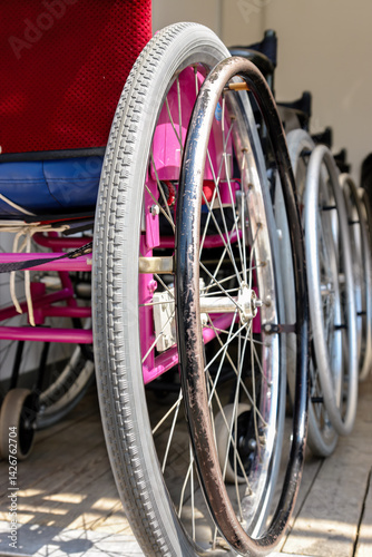 Closeup shot of row of active wheelchairs