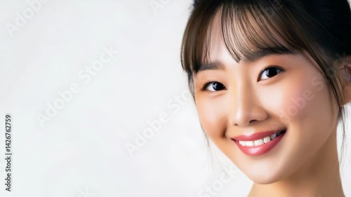 portrait of a beautiful woman with flawless skin, elegant makeup, and a serene expression. Ideal for beauty, skincare, and fashion advertising, showcasing natural elegance and modern aesthetic
