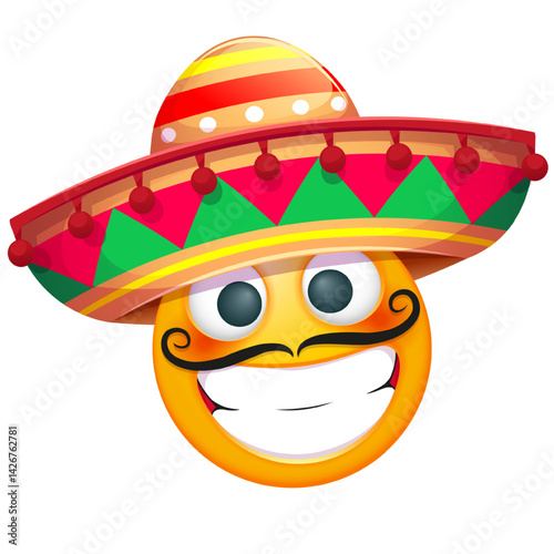 Funny emoji in sombrero hat with mustache. Cute Mexican emoticon wearing sombrero on white background.	