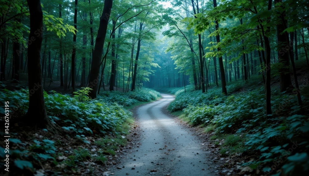 Obraz premium Tranquil forest path, journey down a serene dirt road amidst towering trees dirt