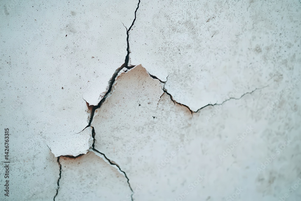 Fototapeta premium A close-up of a cracked, weathered wall, showcasing peeling paint and visible damage, indicating age and deterioration.