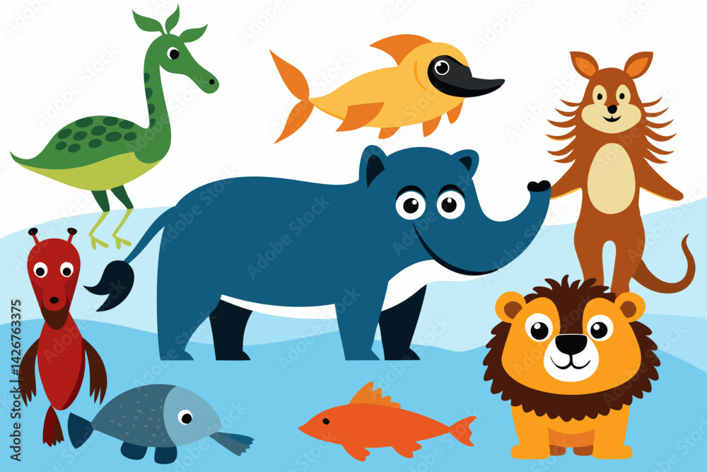A cute cartoon vector set features funny wild animals and pets, including a bird, elephant, cat, lion, owl, tiger, and fox character illustration A cute cartoon vector set features funny wild animals and pets, including a bird, elephant, cat, lion, owl, tiger, and fox character illustration