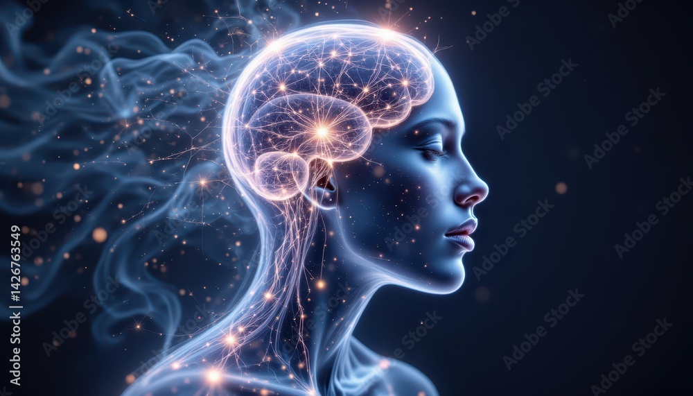 Illuminated brain within a woman's head, visual representation of cognitive processes and human intellect Illuminated brain within a woman's head, visual representation of cognitive processes and human intellect