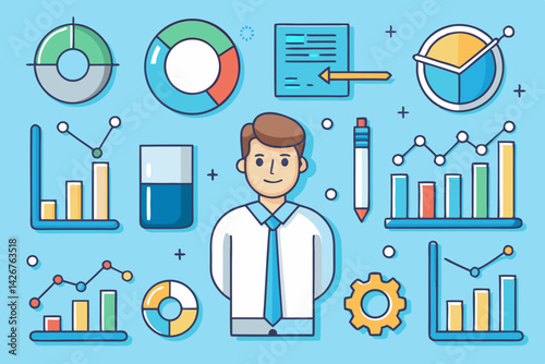 A vector set of business people icons and a funny cartoon businessman illustration offers flat design symbols for office, web, and infographic concepts
