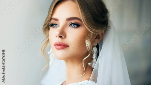 Russian bride gazes softly with captivating blue eyes and flawless skin, white bridal veil frame her face perfectly, romantic portrait, wedding, beauty, and feminine, Russian wedding The bride face