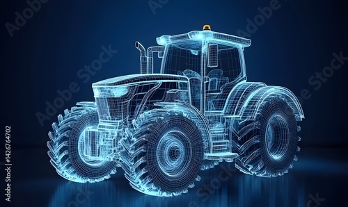 Wireframe Tractor: A futuristic digital rendering of a modern tractor, its sleek lines and powerful build showcased against a vibrant blue backdrop.