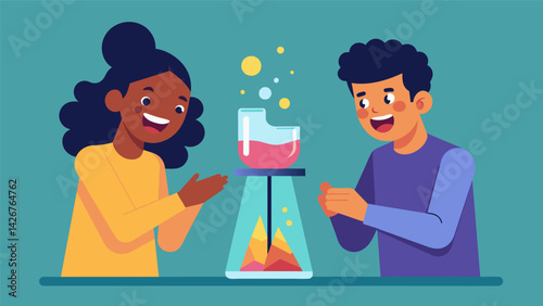A giggly duo excitedly test out their homemade lava lamp for their science vlog explaining the science behind the mesmerizing liquid display.. Vector illustration