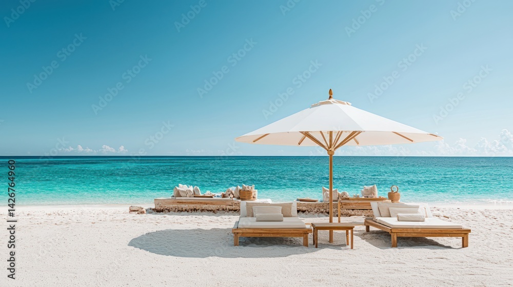 Fototapeta premium Pristine beach scene with sun loungers