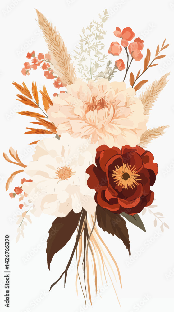 Rust Orange and Blush Pink Floral Bouquet with Pampas Grass in Minimalist Vector Style