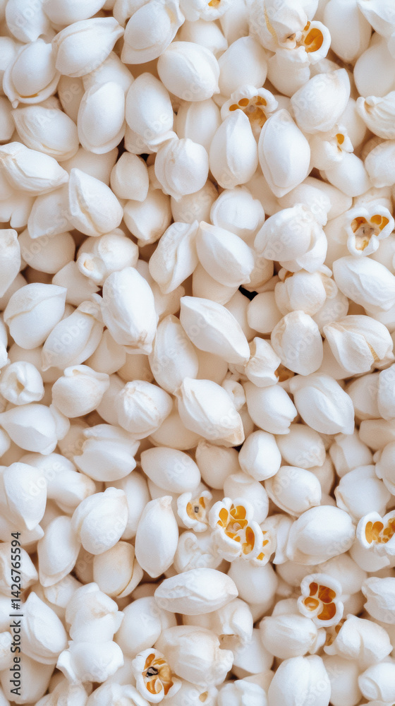 Obraz premium Close up of puffy white popcorn kernels creating a textured background