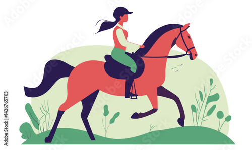 Minimalist Vector of Female Equestrian Practicing Horseback Riding in Nature Scene