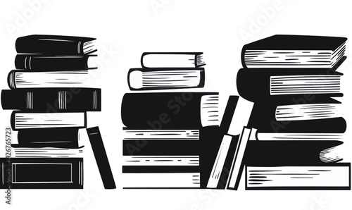 Black and White Book Stacks Illustration Symbolizing Knowledge, Education, Literature, and Learning