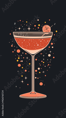 Elegant Cocktail Glass with Sparkling Bubbles Illustration for Bar Menus and Party Invitations