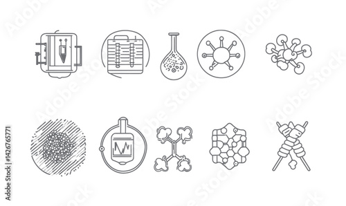 Bioengineering Vector Icons Set: Biomaterials, Nanotechnology, Bioreactors, Tissue Engineering
