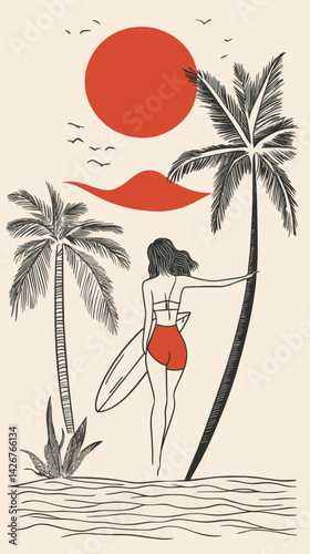 Minimalist Summer Surfing Adventure with Palm Trees and Sun