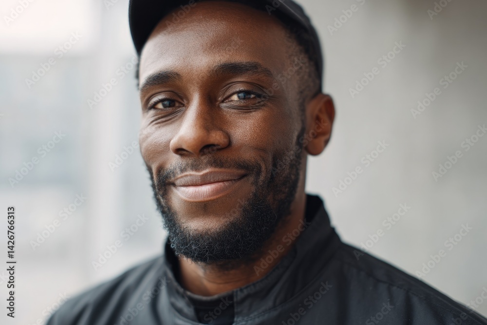 Obraz premium portrait of courier in uniform set against blurred urban background