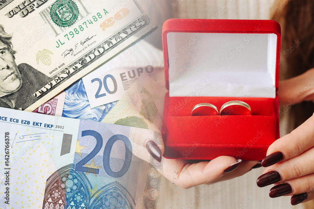 Wedding cost concept. Euro and dollar. Engagement ring box. Financial love gift. Jewelry money background. Romantic expenses. Gift purchase. Budget planning. Marriage savings. Relationship value.